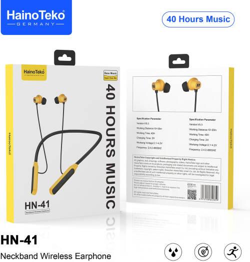 HainoTeko Germany HN-41 Wireless Bluetooth Neckband Earphones Super Clear Microphone, 40 Hours Playtime, Comfortable Ergonomic Fit, Magnetic Earbuds & Deep Bass Stereo Sound, Black/Yellow | HN 41