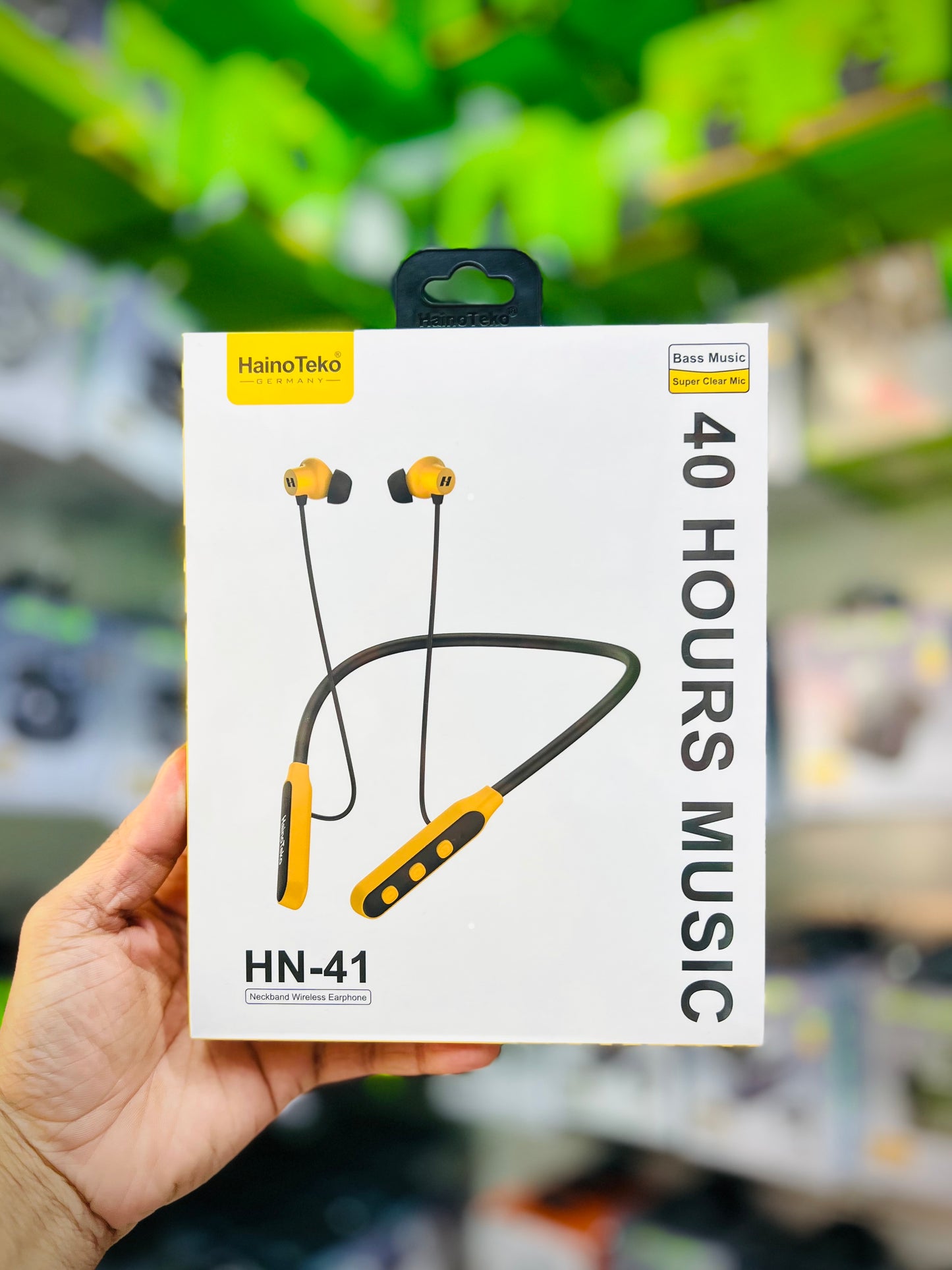 HainoTeko Germany HN-41 Wireless Bluetooth Neckband Earphones Super Clear Microphone, 40 Hours Playtime, Comfortable Ergonomic Fit, Magnetic Earbuds & Deep Bass Stereo Sound, Black/Yellow | HN 41