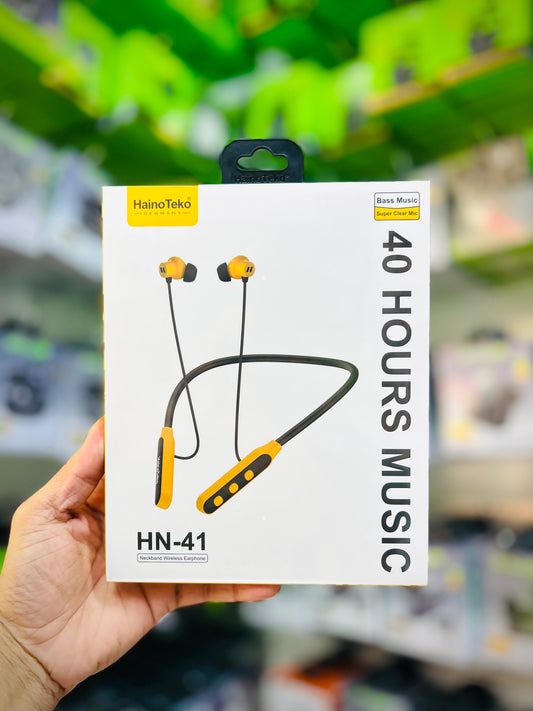 HainoTeko Germany HN-41 Wireless Bluetooth Neckband Earphones Super Clear Microphone, 40 Hours Playtime, Comfortable Ergonomic Fit, Magnetic Earbuds & Deep Bass Stereo Sound, Black/Yellow | HN 41